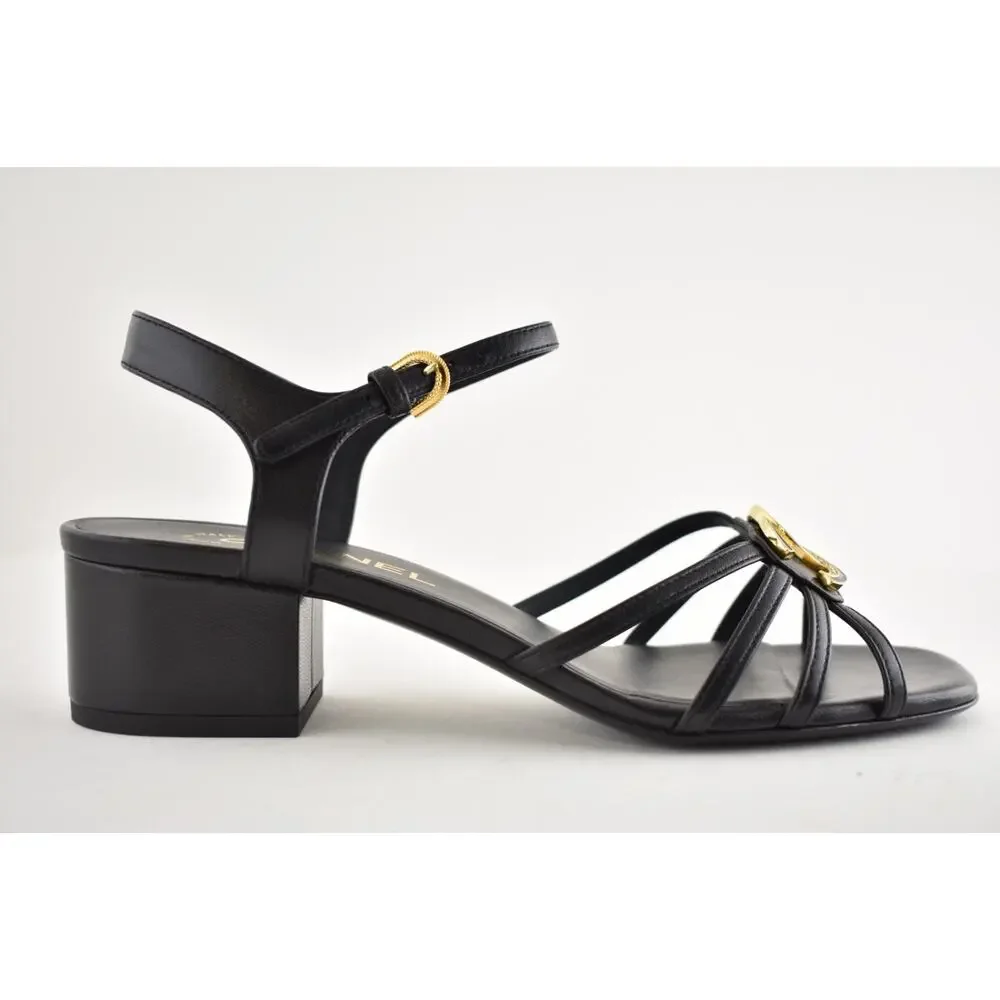 Chanel 25P Black Leather Crystal Gold CC Logo Ankle Strap Block Heel Sandal 37.5
